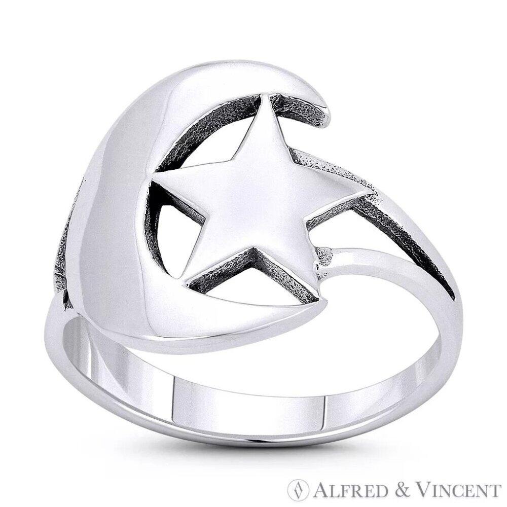 Crescent Moon & Star Turkish & Islam Charm Ring in .925 Sterling Silver Size 8